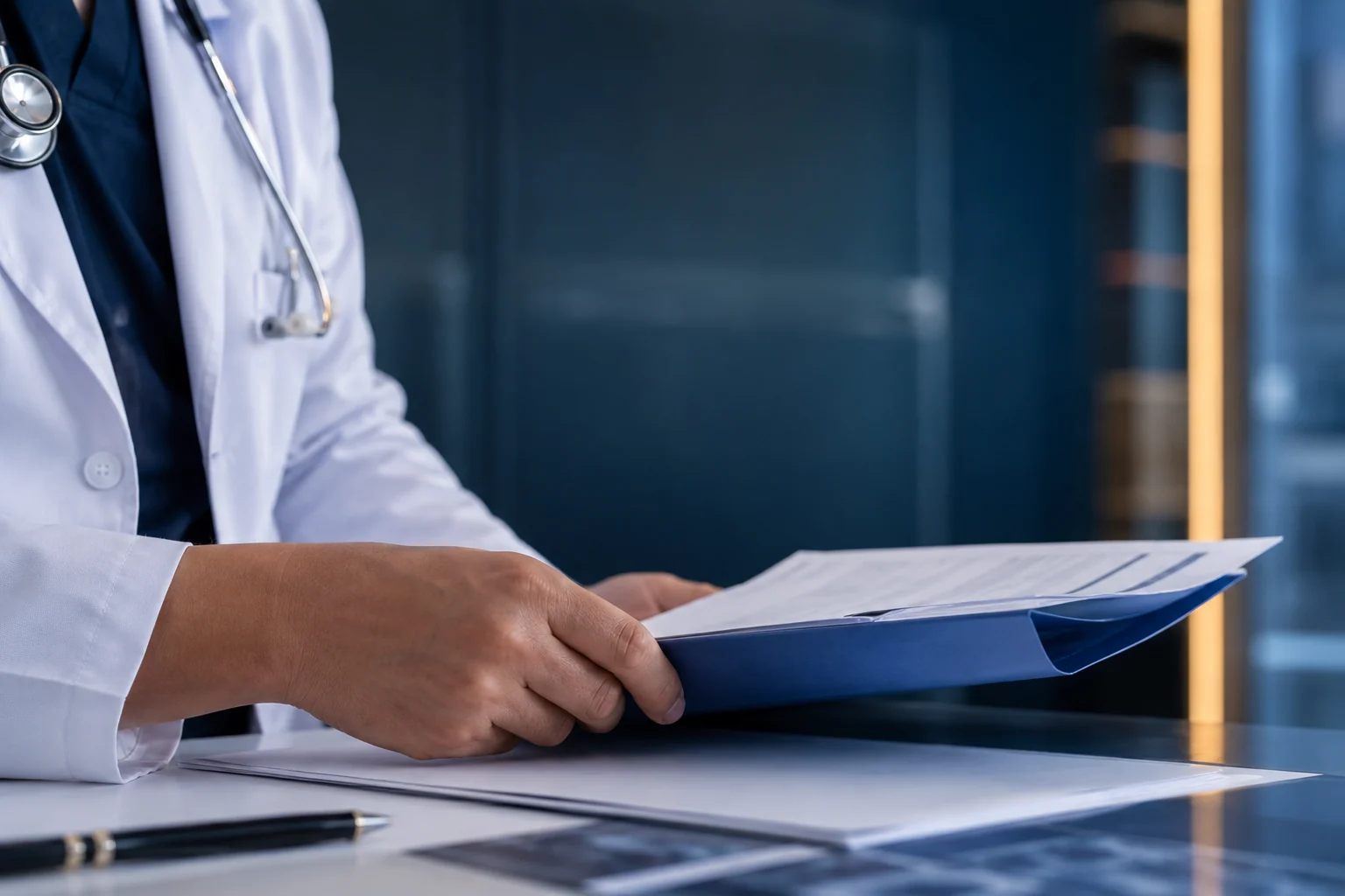 Médico perito revisando un informe clínico en su despacho