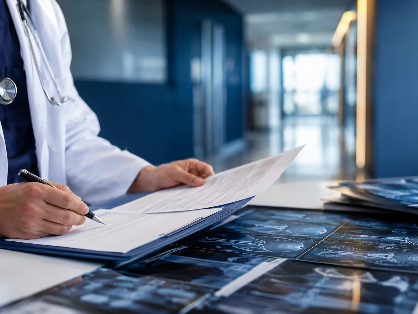Médico perito analizando una historia clínica junto a pruebas diagnósticas